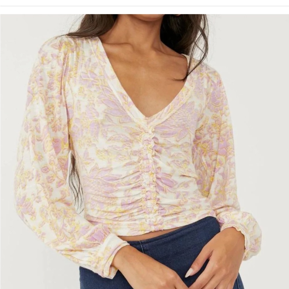 Free people say the word ivory top with ruching and floral print v-neckline Sz S